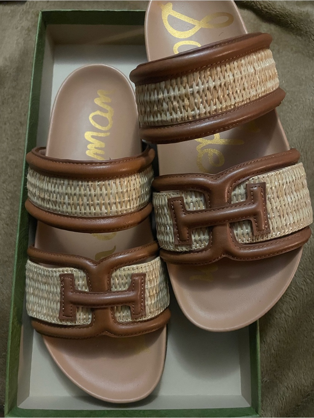Sam Edelman Tan and Natural Woven Double-Band Slide Sandals